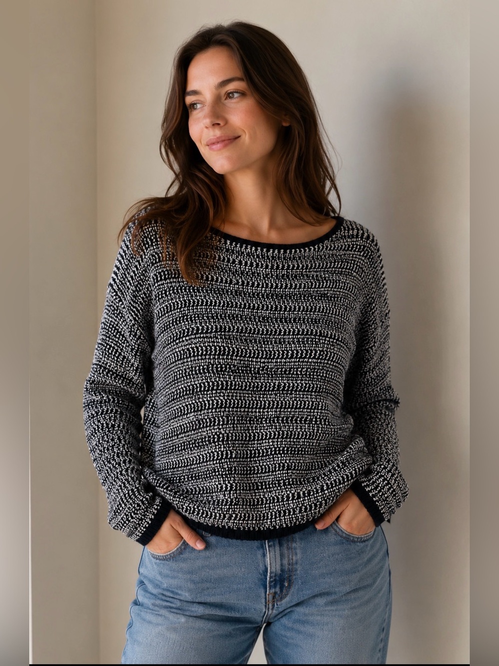 Black and White Crew Neck Sweater with Open Knit Texture